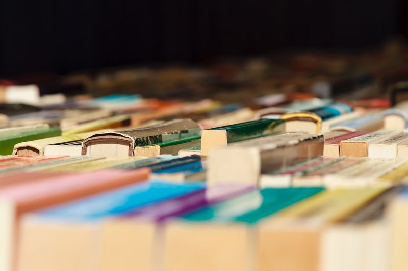 Close-up of multi colored books in row