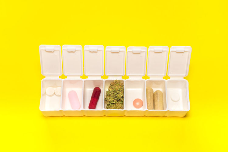 High angle view of pills against yellow background