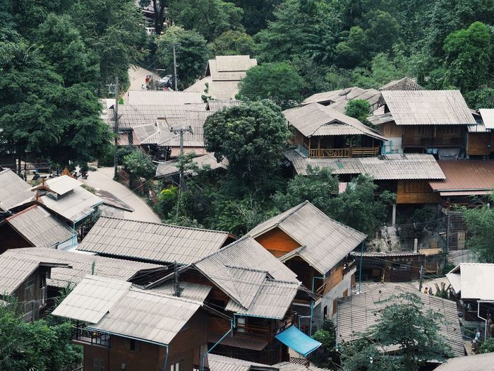High angle view of buildings in village