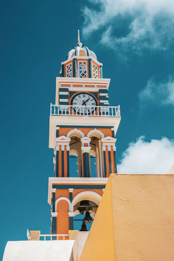 Colorful church tower on santorini island.