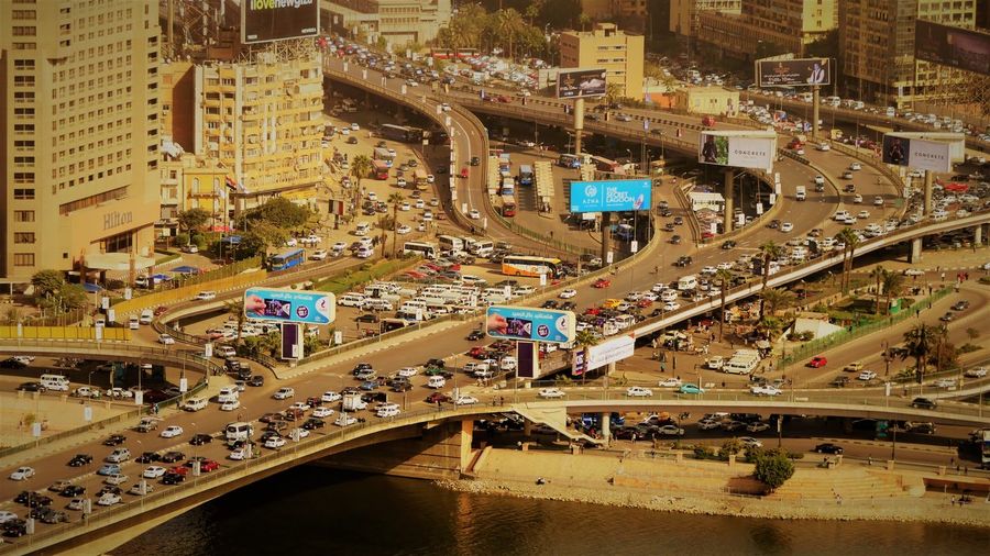 High angle view of traffic on road in city