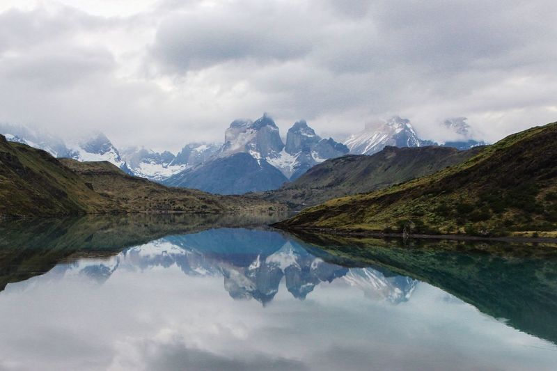 Reflection of rocky mountain in calm lake