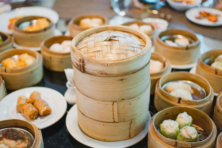 Close-up of chinese dumplings in containers