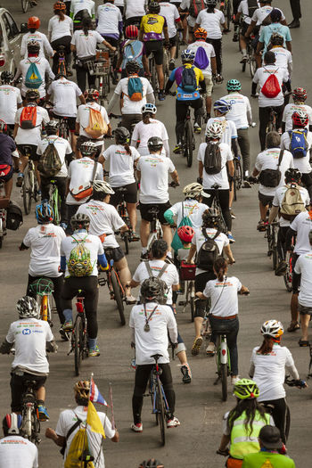 High angle view of people on road