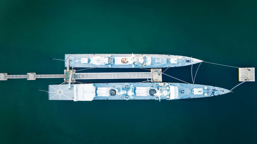 Vertical aerial photography of two warships