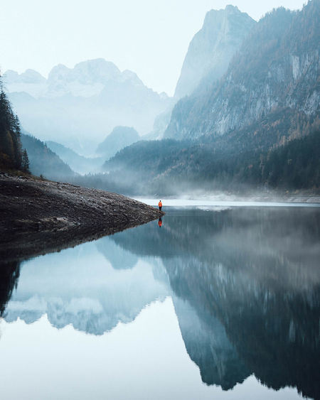 Scenic view of lake and mountains against sky