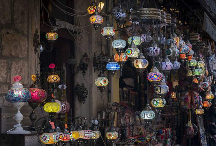 Illuminated lanterns at night