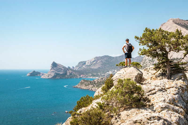 Rear view of young man standing on cliff by sea against clear sky
