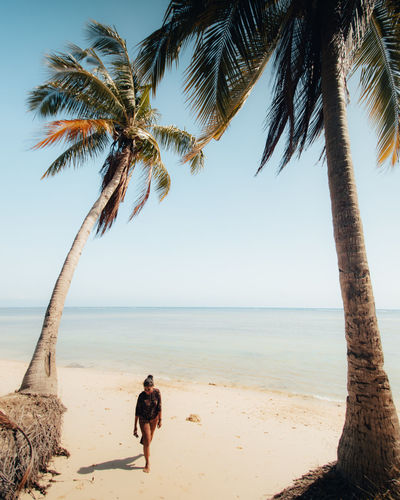 Full length of woman walking by palm tree on beach against sky