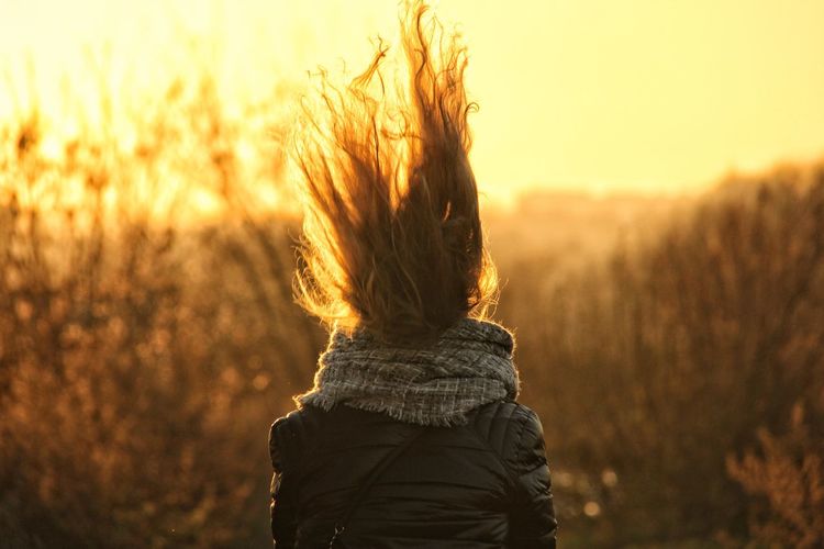 Rear view of woman with tousled hair standing on land during sunset