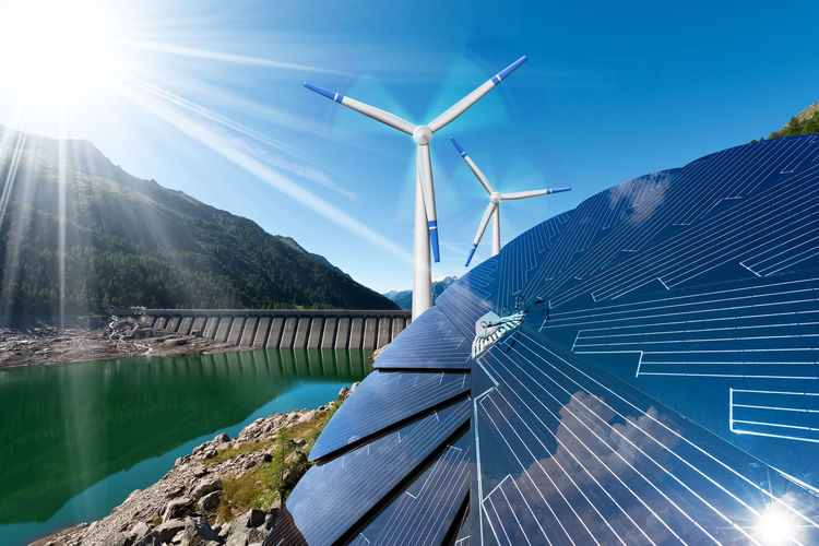 Renewable energy - sunlight with solar panel. wind with wind turbines. rain with dam for hydropower.