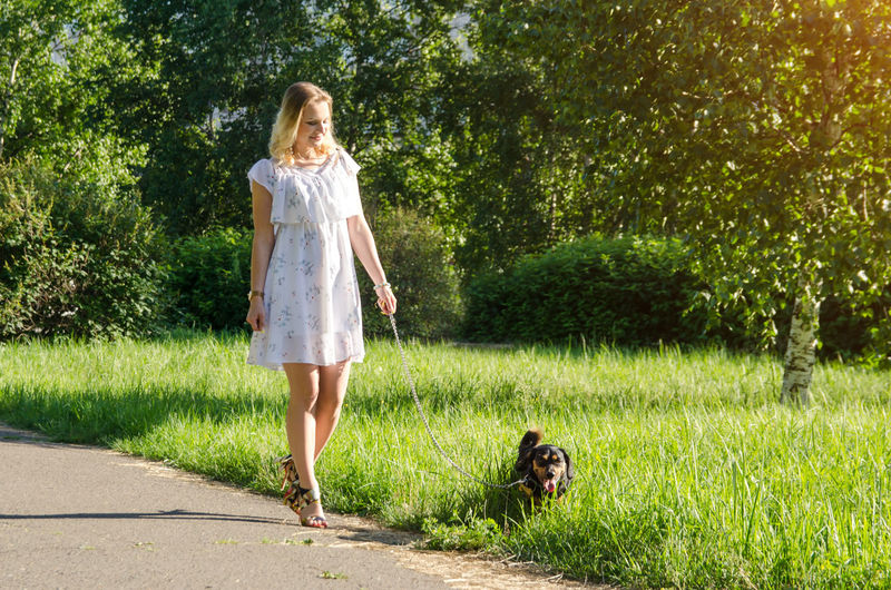 Woman with dog standing on grass against trees