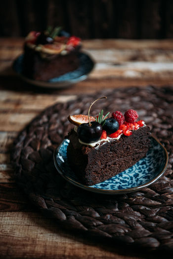 Close-up of cake served in plate on table