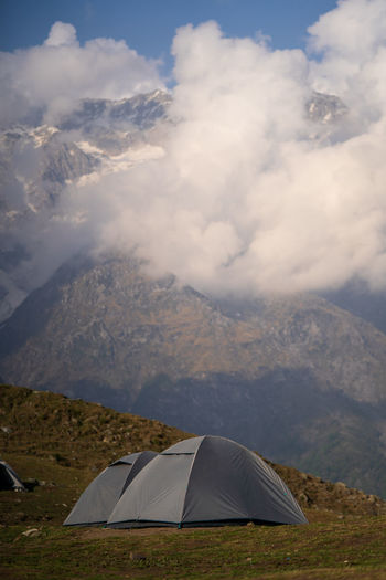 Camping on the top of the triund hill in mckleodganj. himachal tourism concept.