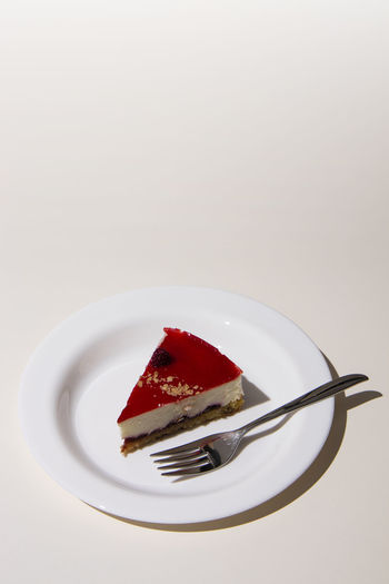 Close-up of cake on plate against white background