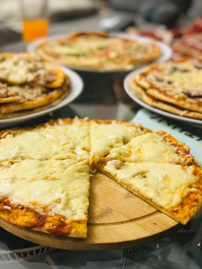 High angle view of pizza in plate on table