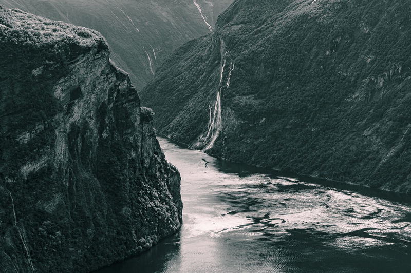 Monochrome picture of geirangerfjord and the waterfall called seven sisters. 
