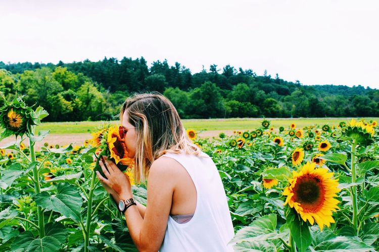 Woman on sunflower field