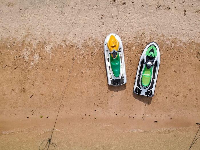 High angle view of motorboat at beach