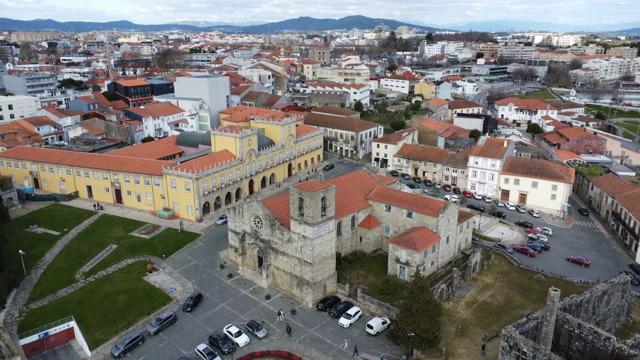 High angle view of buildings in city