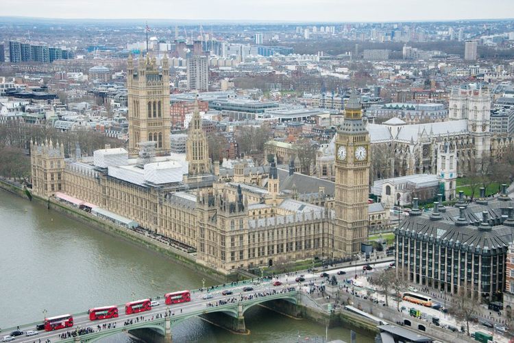 High angle view of westminster bridge over thames river by houses of parliament