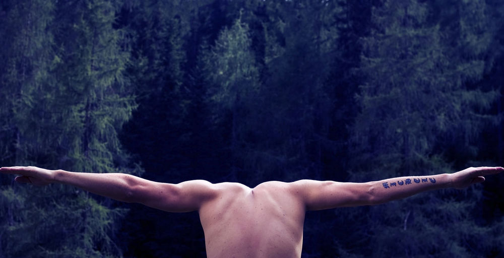 Midsection of shirtless man against trees in forest