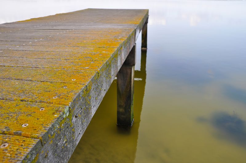 Close-up of pier on lake