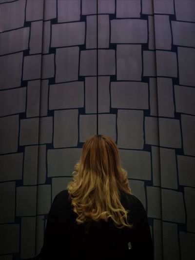 Rear view of woman standing in elevator at art museum