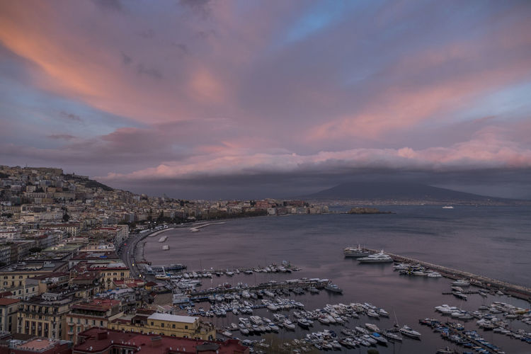 Aerial view of the gulf of napoli at sunset