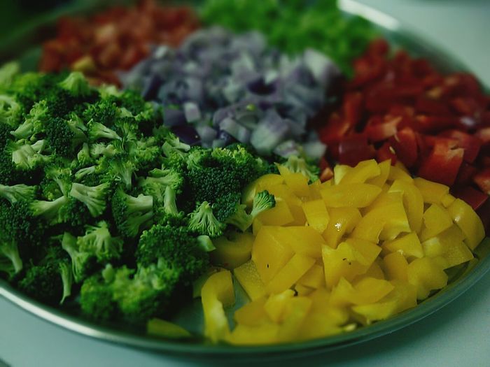 Close-up of multi colored sliced vegetables in plate