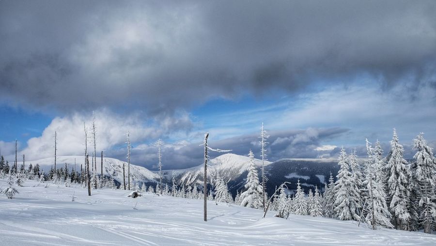 Snow covered landscape against sky