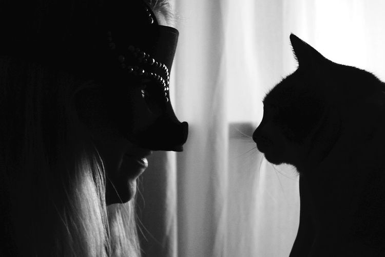 Close-up of woman wearing mask with cat at home