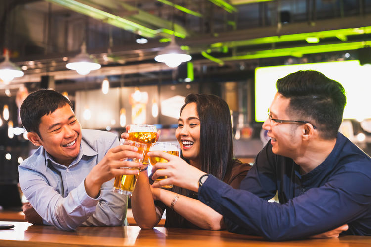 Friends toasting beer glasses while sitting in bar