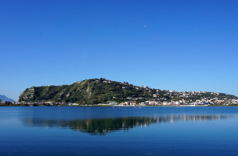 Scenic view of lake against clear blue sky