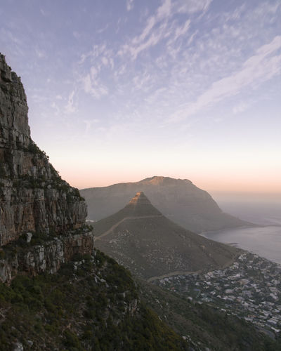 Scenic view of mountains against sky during sunset