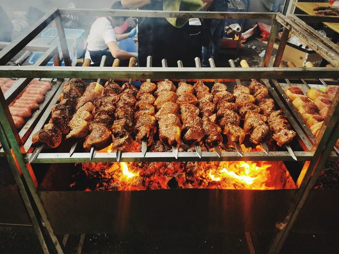 High angle view of food on barbecue grill