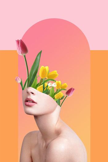 Digital composite image of person with pink flower against white background