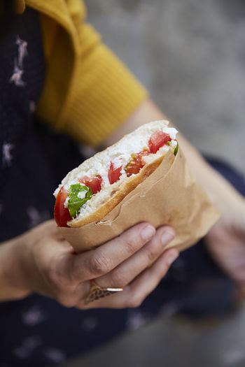 Person holding tomato panini