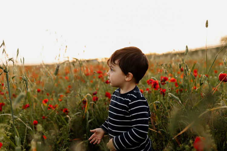 Side view of boy standing amidst plants