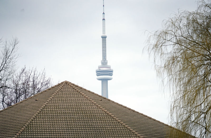 Low angle view of cn tower against sky