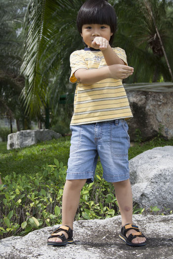 Portrait of cute boy gesturing while standing on rock