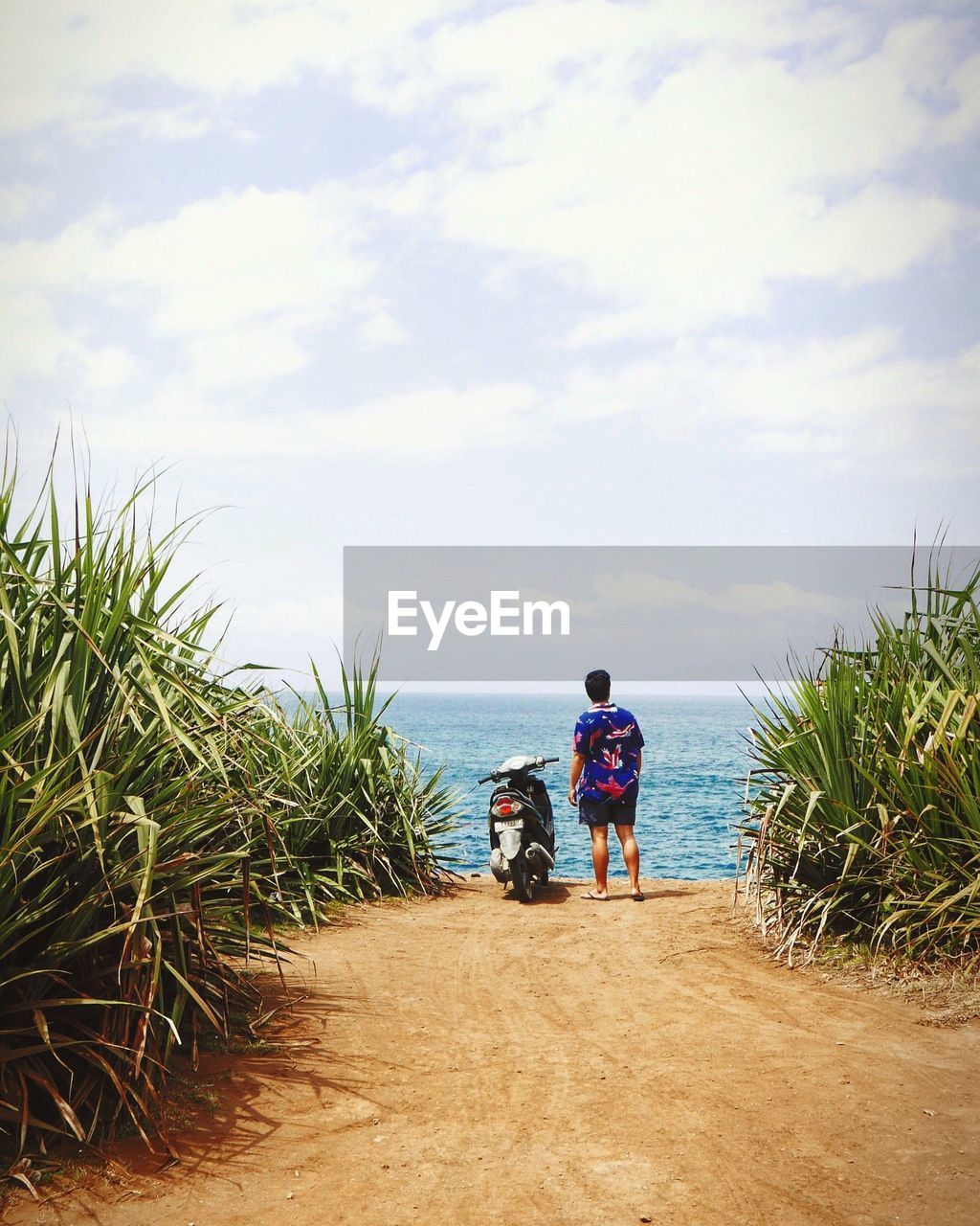 REAR VIEW OF FATHER WITH DAUGHTER STANDING ON BEACH