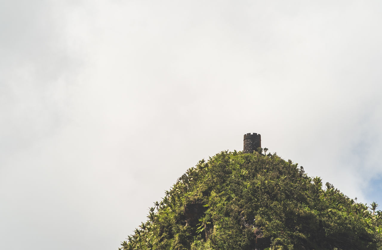 sky, tree, plant, hill, cloud, nature, architecture, low angle view, built structure, no people, copy space, outdoors, building exterior, history, travel, travel destinations, tower, the past, building, forest, overcast, environment, beauty in nature, day, land, tourism, scenics - nature, fog, rural area, landscape