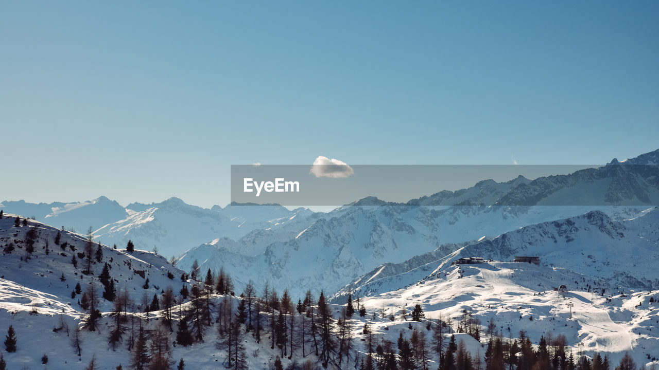 PANORAMIC SHOT OF SNOWCAPPED MOUNTAINS AGAINST CLEAR SKY