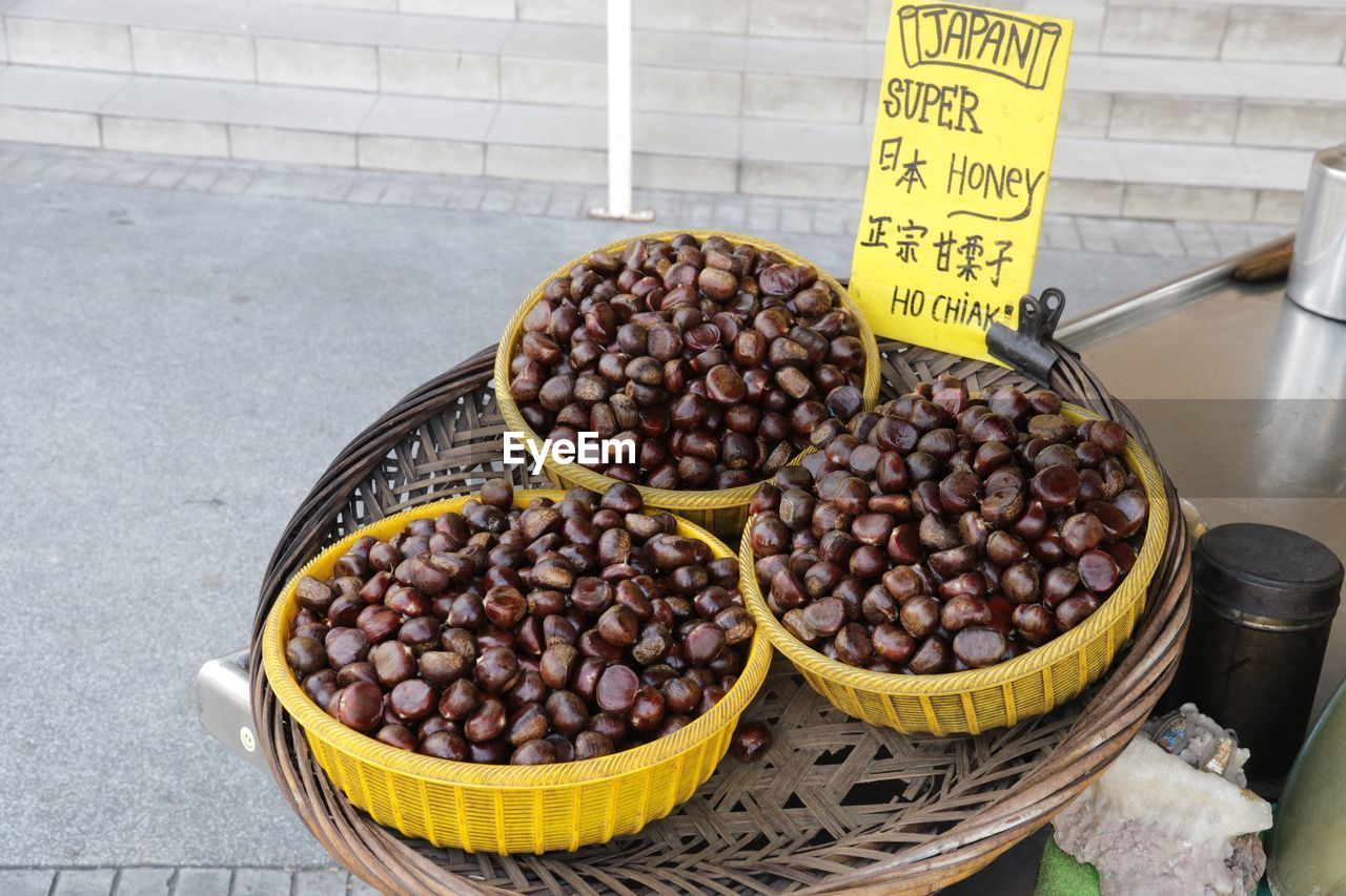 High angle view of chestnuts for sale at market
