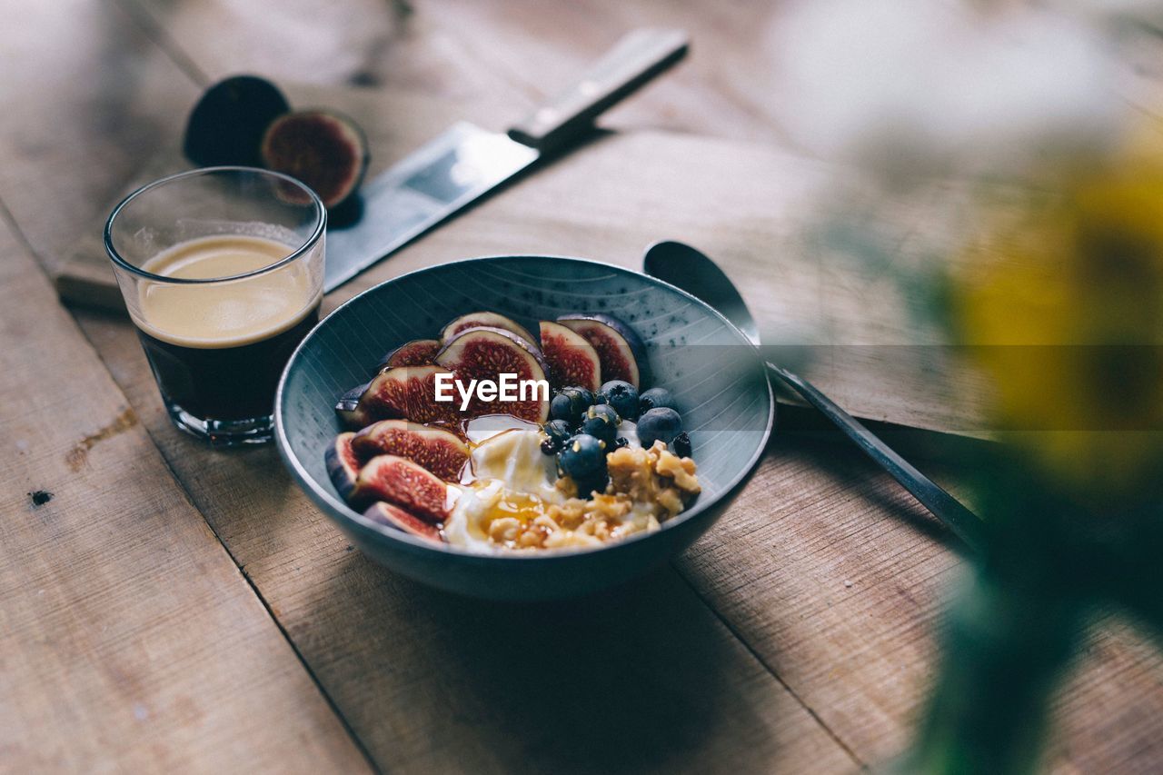 Close-up of breakfast served in bowl on table
