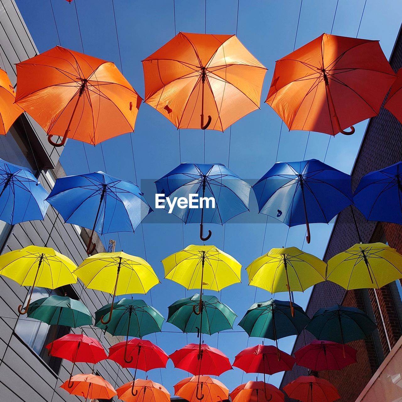 Low angle view of colorful umbrellas hanging against clear sky