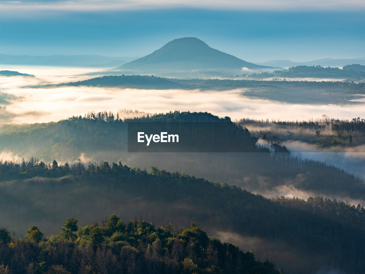 Beautiful sunny morning panorama of forest covered by misty clouds. autumn fog on the mountain hills