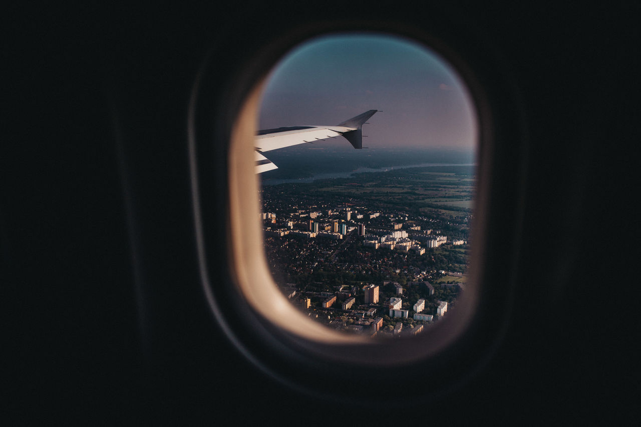 View of cityscape through airplane window