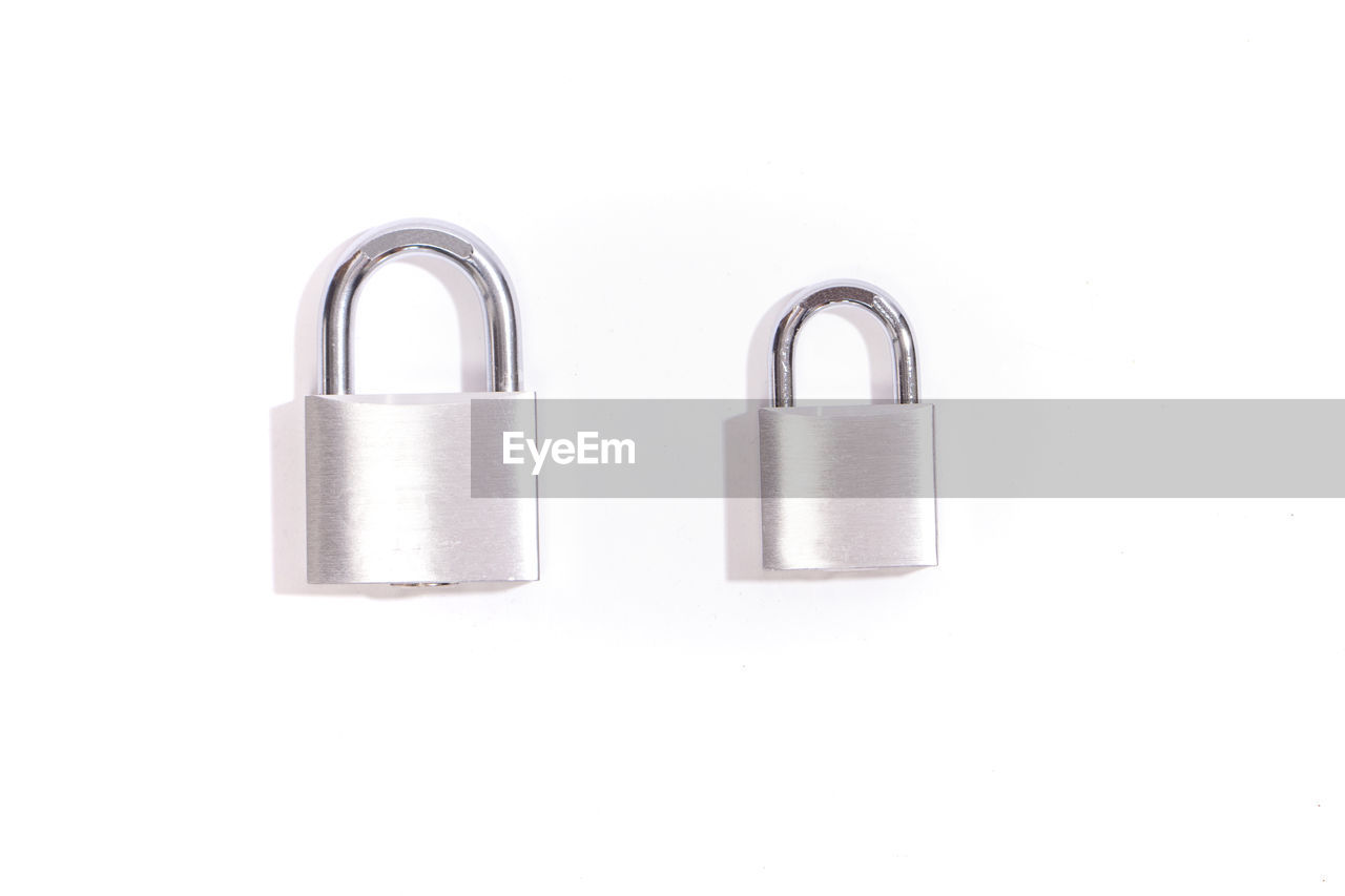 lock, padlock, metal, protection, security, cut out, copy space, no people, studio shot, silver, white background, indoors, close-up, love, white